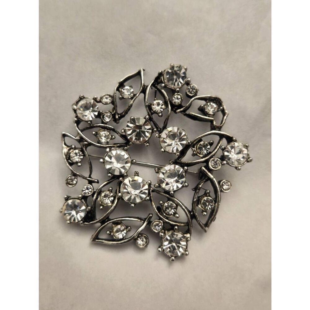 Women's Black/Silver White Rhinestone Floral Pin